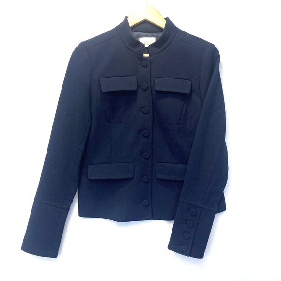 LOFT Button Up Blazer Jacket Womens Size 4 Navy Blue Military Stand Collar Lined - Picture 1 of 13